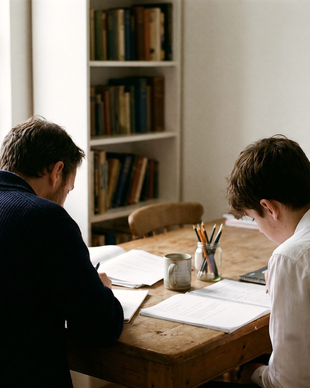 Tutor and student seen from behind, sitting side by side at a wooden desk with notebooks
