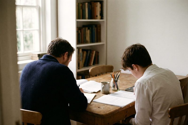 Tutor and student seen from behind, sitting side by side at a wooden desk with notebooks