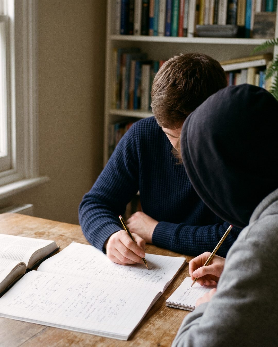 Tutor and teenage student seen from behind, working at a wooden table by a window