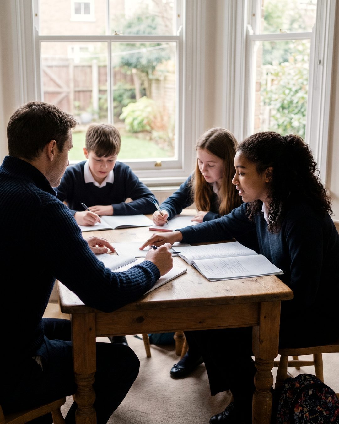Tutor helping a small group of four students working around a wooden table by tall windows